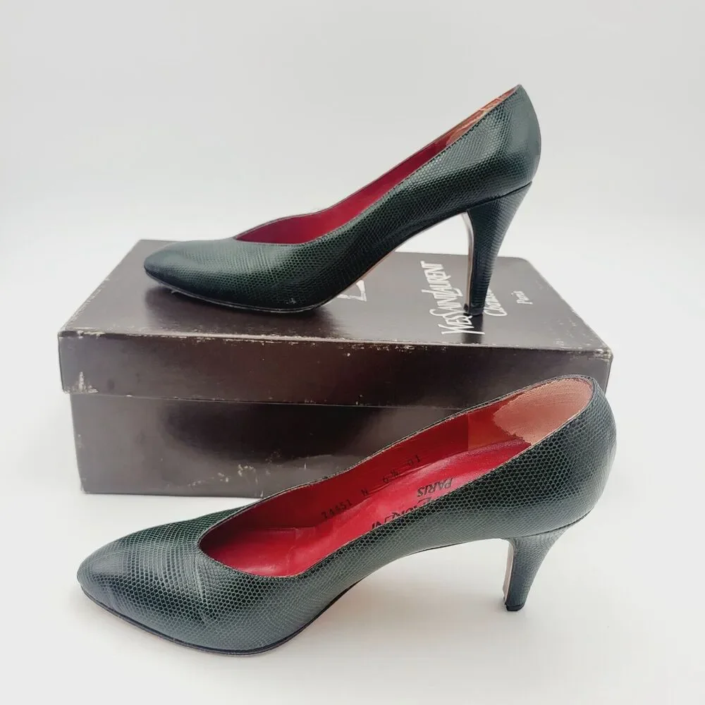 Vtg YVES SAINT LAURENT Green Python Triboo Heels Pumps Sz 6.5 Made In Italy - Picture 3 of 11